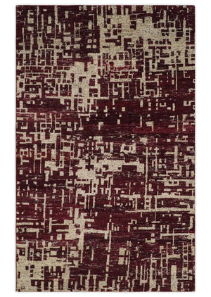 Hand Knotted 5x8 Maroon and Beige Modern Abstract Contemporary Recycled Silk Area Rug