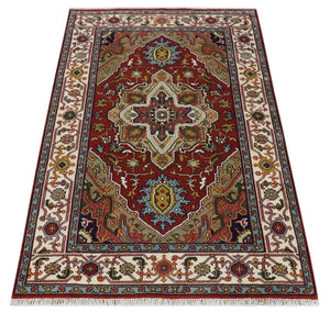 Hand knotted 5x8 Mustard, Brown and Ivory Traditional Heriz Serapi wool area rug