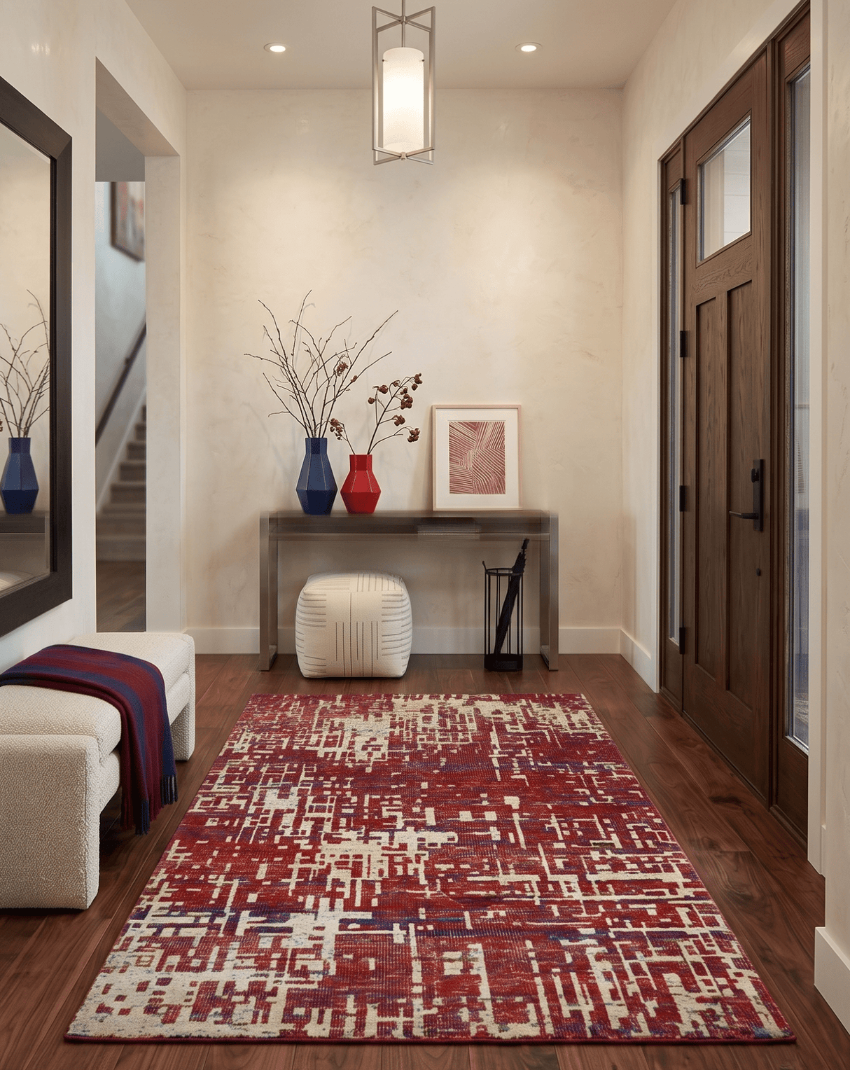 Hand Knotted 5x8 Rust and Blue Modern Abstract  Recycled Silk Area Rug