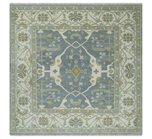 Hand Knotted 6x6 Square Oriental Oushak Ivory, Charcoal and olive Wool Area Rug