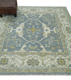 Hand Knotted 6x6 Square Oriental Oushak Ivory, Charcoal and olive Wool Area Rug