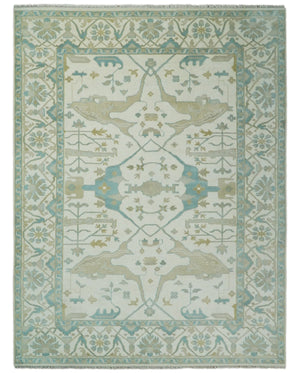 Custom Made Hand Knotted Oriental Oushak Ivory and Blue Wool Area Rug