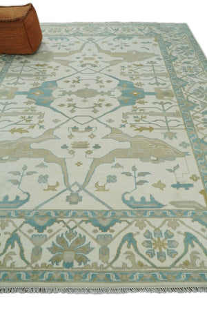 Custom Made Hand Knotted Oriental Oushak Ivory and Blue Wool Area Rug