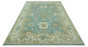 Hand Knotted 6x9 Teal, Ivory and Beige Traditional Oriental Oushak wool rug