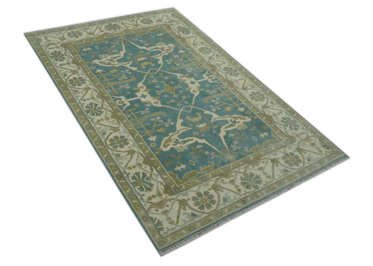 Hand Knotted 6x9 Teal, Ivory and Olive Traditional Oriental Oushak wool rug
