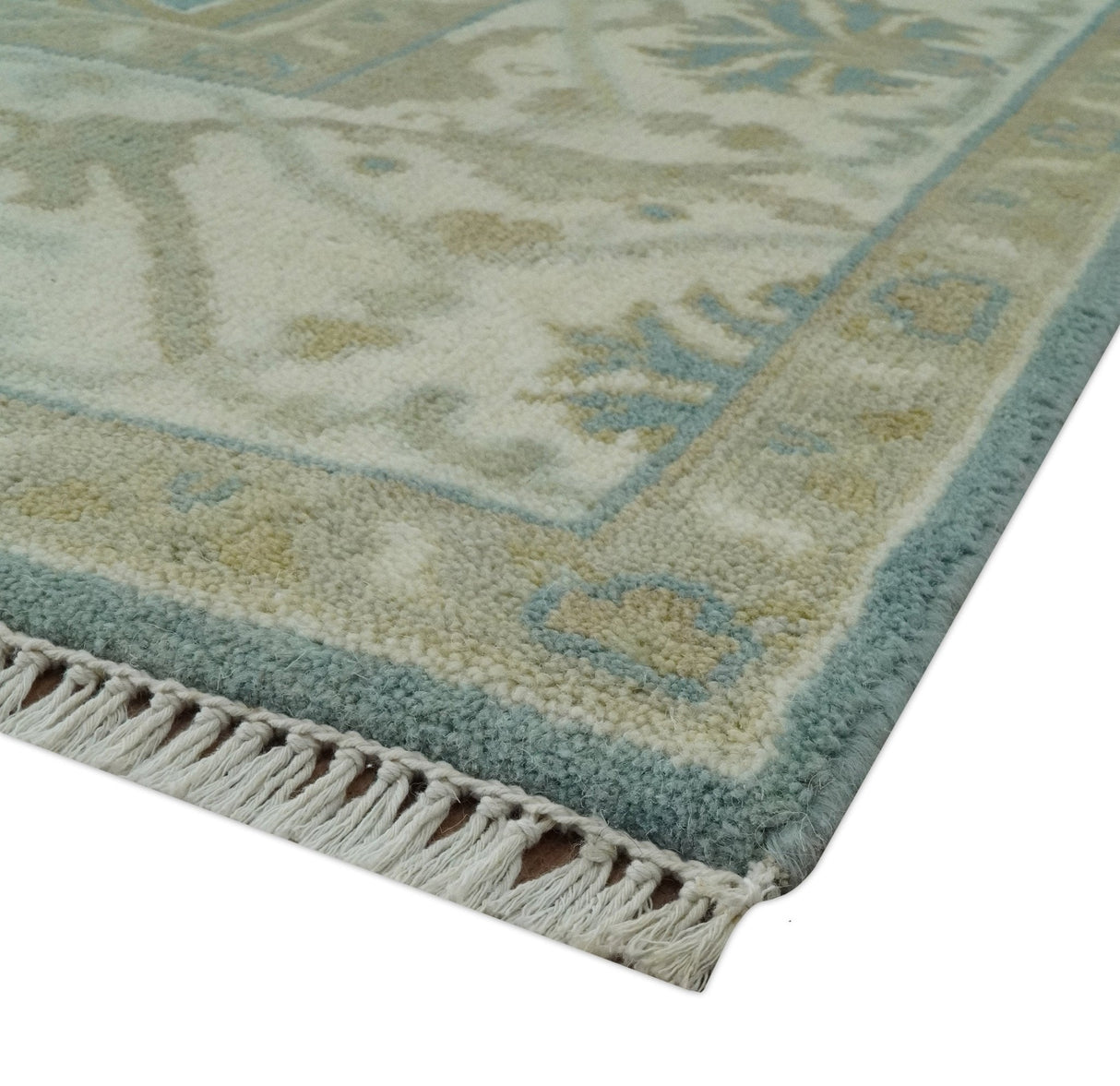 Hand Knotted 6x9 Teal, Ivory and Olive Traditional Oriental Oushak wool rug