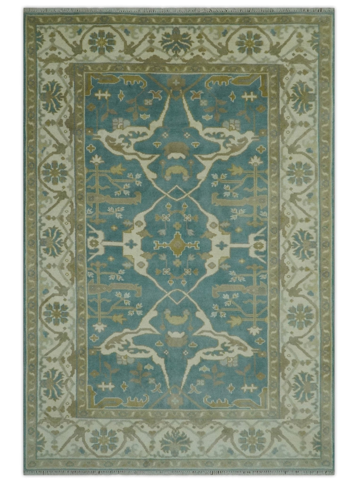 Hand Knotted 6x9 Teal, Ivory and Olive Traditional Oriental Oushak wool rug