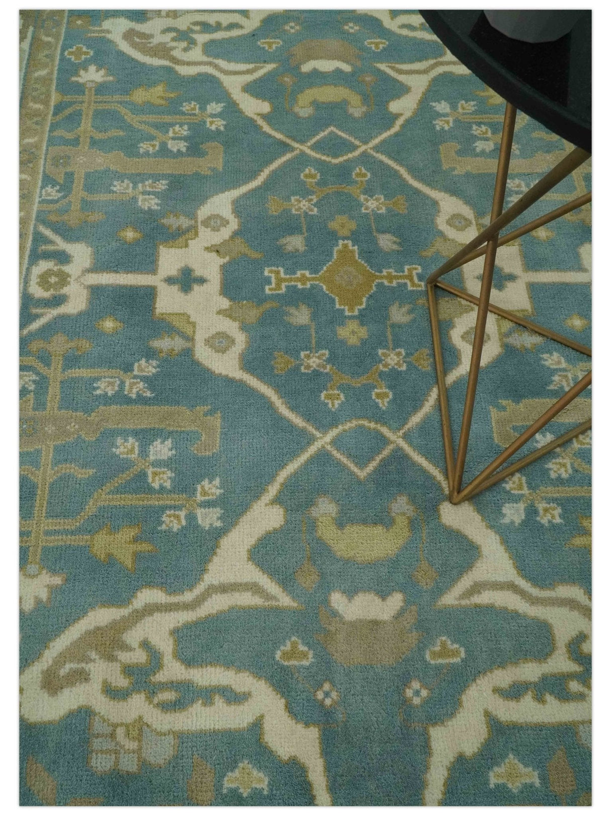 Hand Knotted 6x9 Teal, Ivory and Olive Traditional Oriental Oushak wool rug