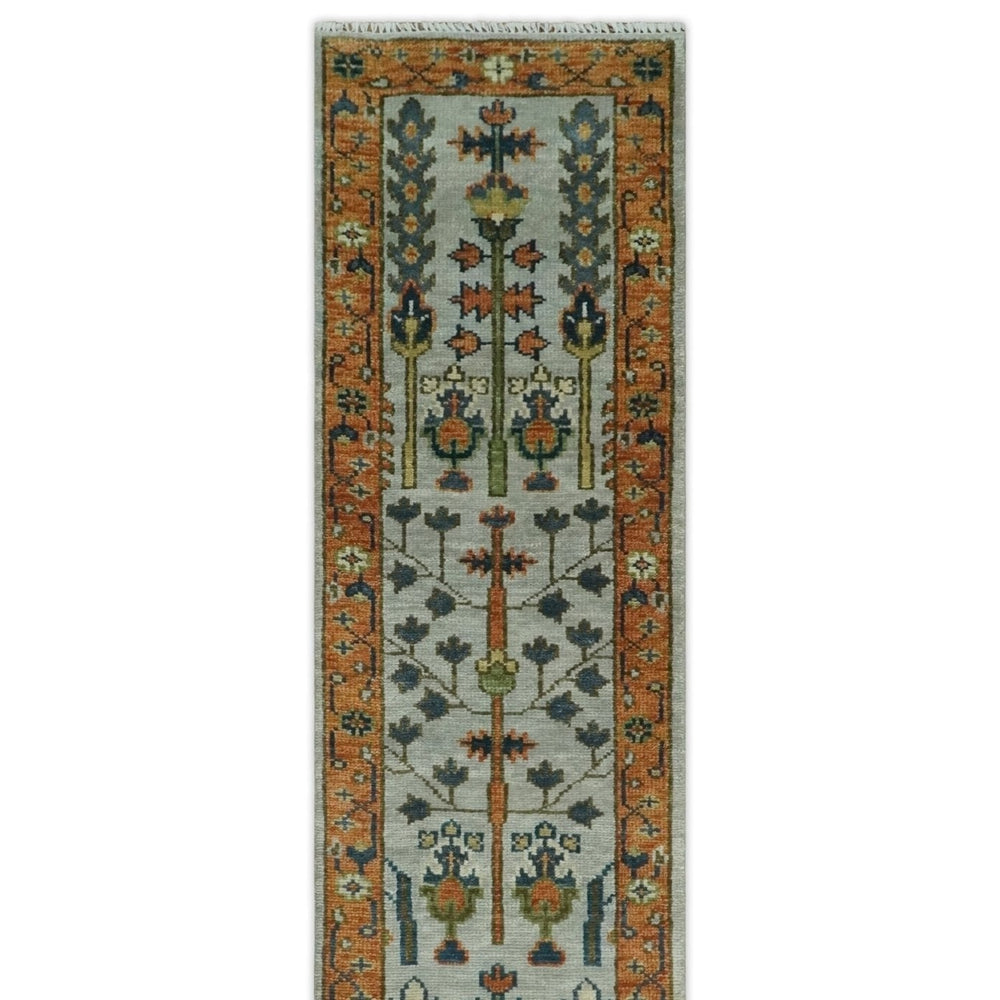 Custom Made Hand Knotted Rust And Silver Tree of life Runner Wool Rug