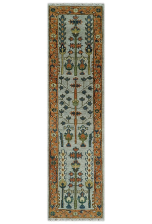 Custom Made Hand Knotted Rust And Silver Tree of life Runner Wool Rug