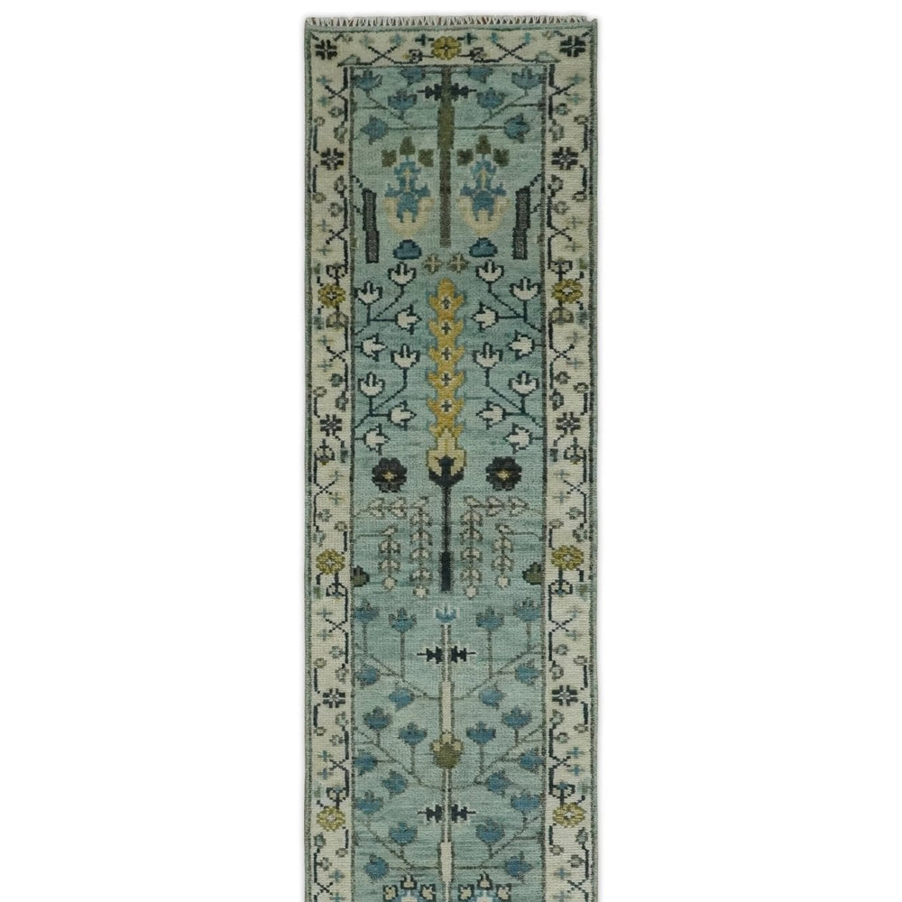 Custom Made Hand Knotted Tree of life Blue And Ivory Runner Wool Rug