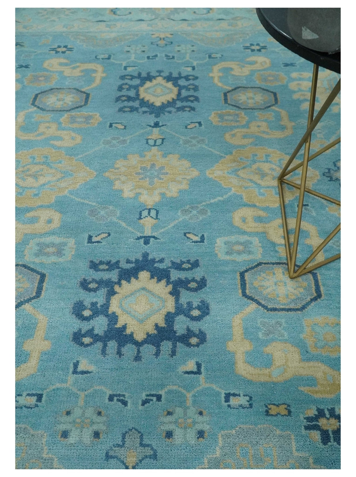 Hand Knotted 8x10 Aqua and Beige Antique Look Oushak Turkish Style Wool Area Rug | TRDCP1109810