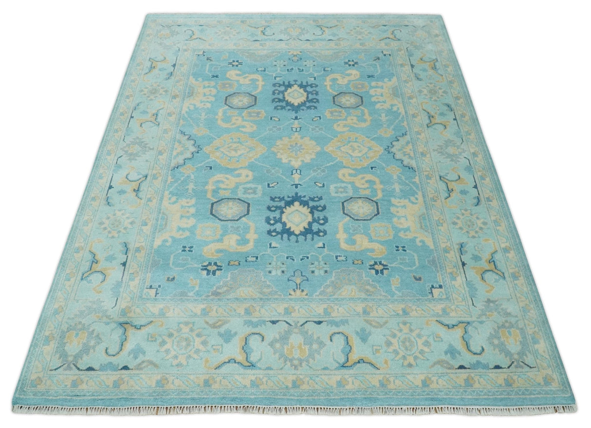 Hand Knotted 8x10 Aqua and Beige Antique Look Oushak Turkish Style Wool Area Rug | TRDCP1109810
