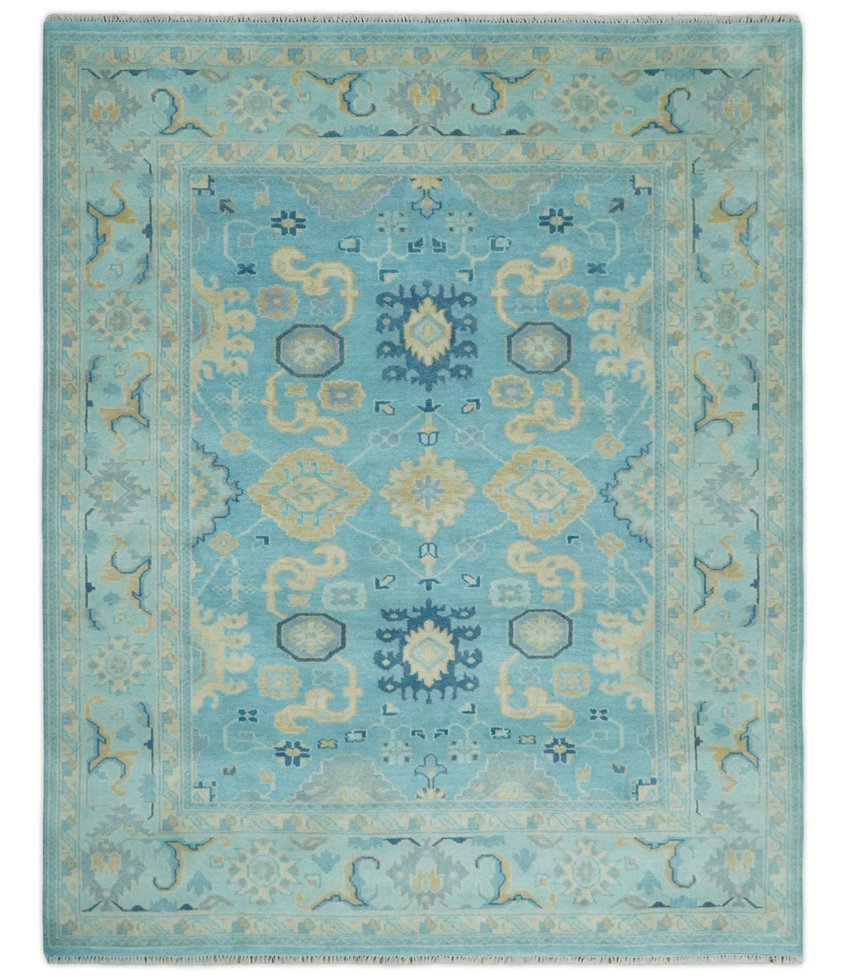 Hand Knotted 8x10 Aqua and Beige Antique Look Oushak Turkish Style Wool Area Rug | TRDCP1109810