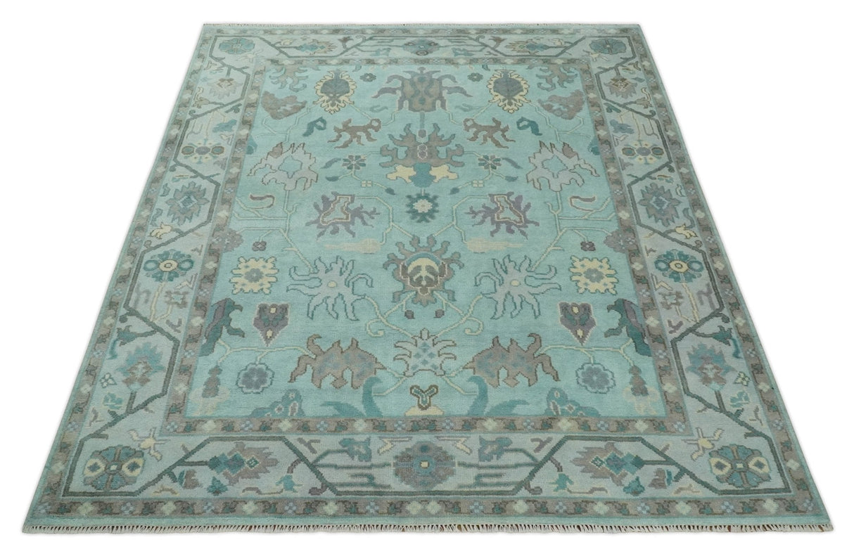 Hand Knotted 8x10 Aqua and Silver Antique Oushak Wool Area Rug