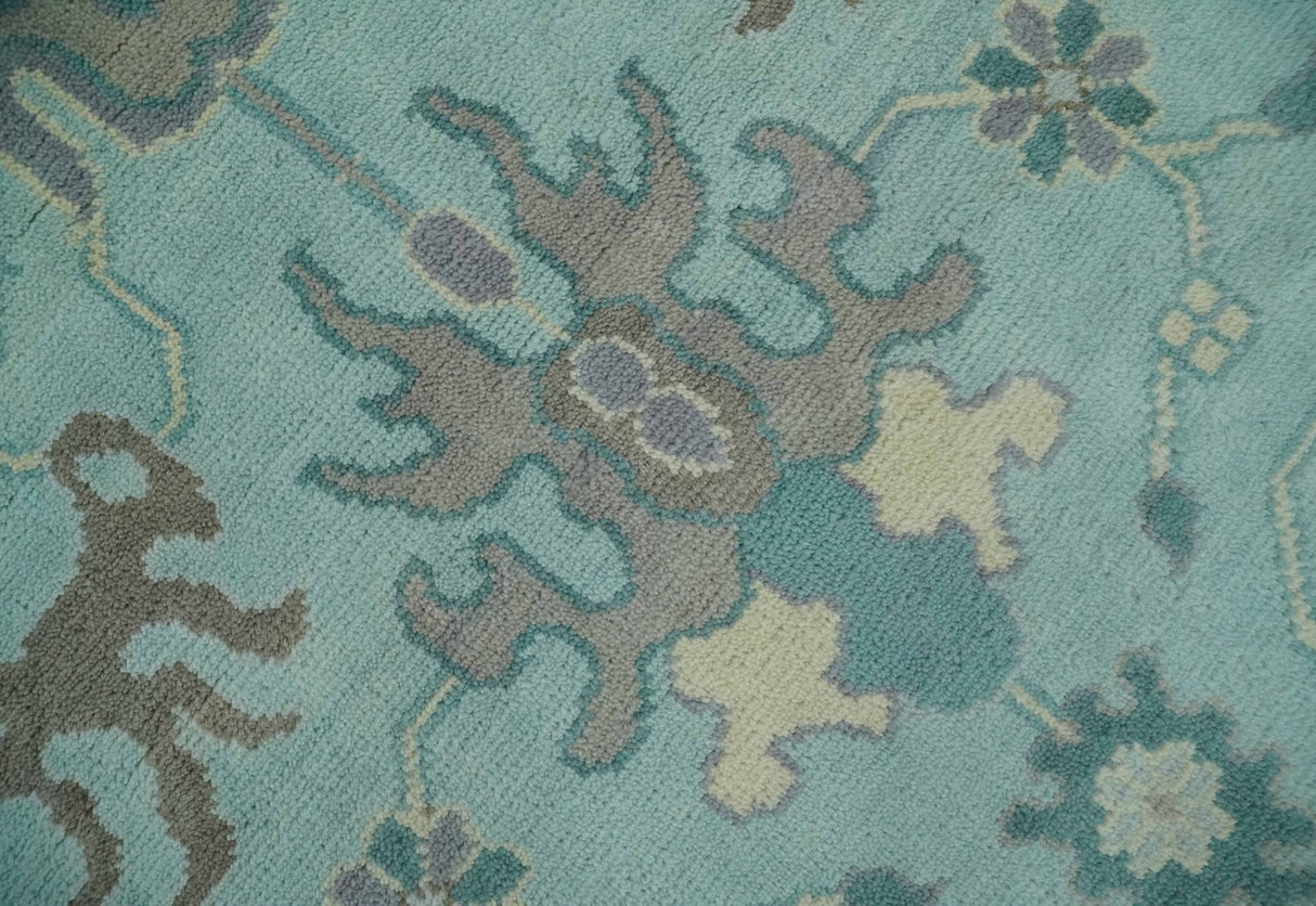 Hand Knotted 8x10 Aqua and Silver Antique Oushak Wool Area Rug