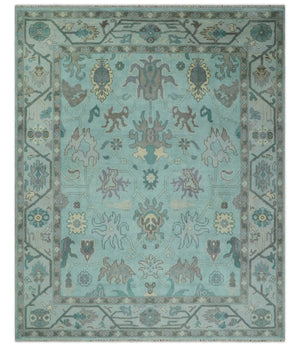 Hand Knotted 8x10 Aqua and Silver Antique Oushak Wool Area Rug