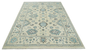 Hand Knotted 8x10 Beige and Blue Antique Oushak Persian Wool Area Rug | TRDCP1147810