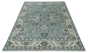 Hand Knotted 8x10 Blue and Ivory Traditional Oushak Persian Wool Area Rug | TRDCP1151810