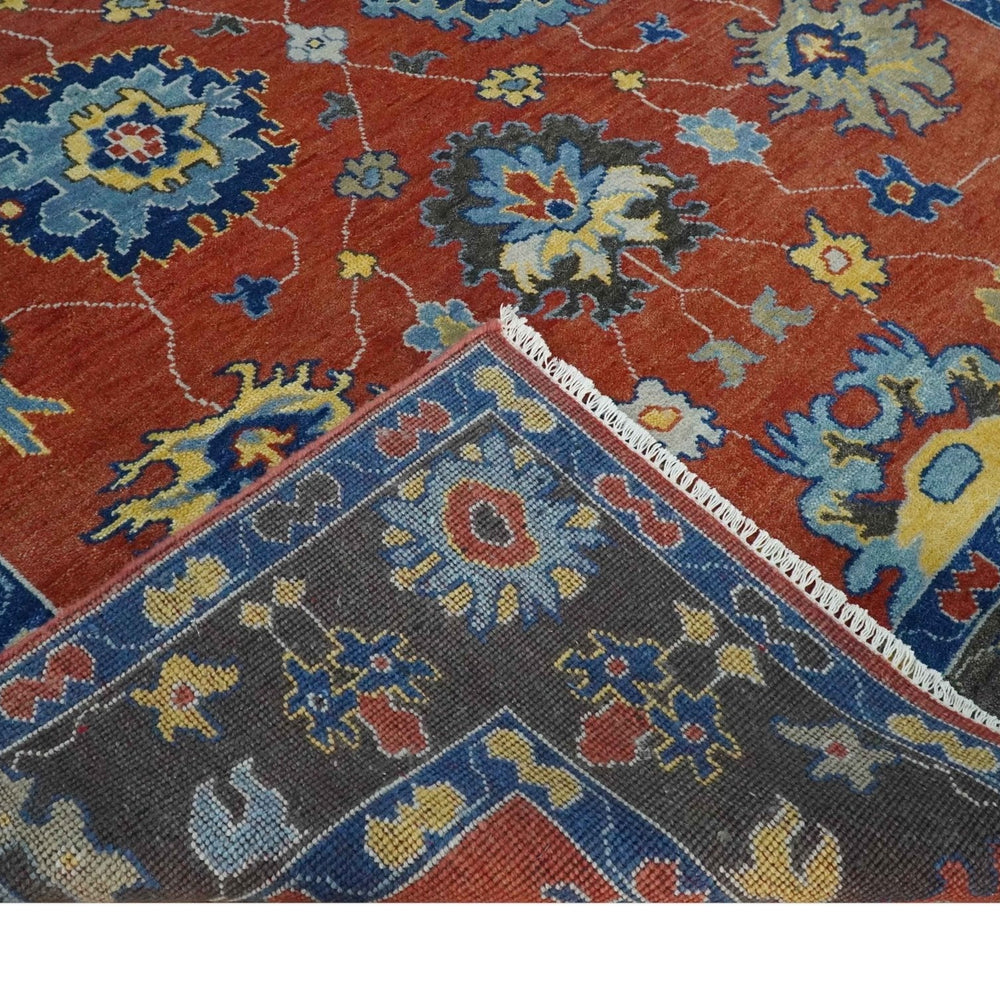 Hand Knotted 8x10 Brown, Blue and Charcoal vibrant colorful Traditional Oushak Wool Area Rug