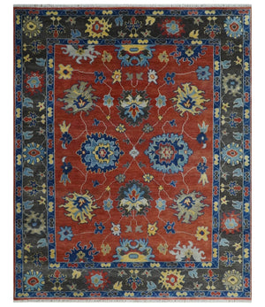 Hand Knotted 8x10 Brown, Blue and Charcoal vibrant colorful Traditional Oushak Wool Area Rug