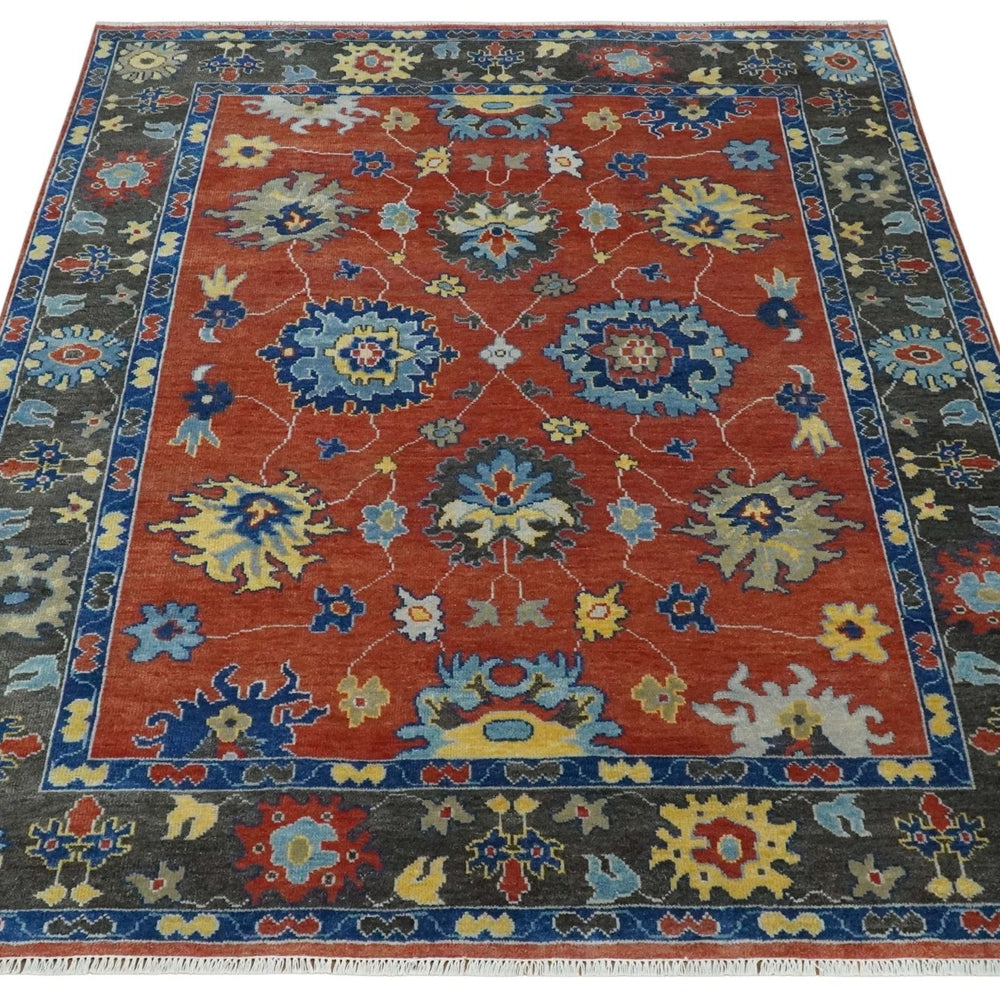 Hand Knotted 8x10 Brown, Blue and Charcoal vibrant colorful Traditional Oushak Wool Area Rug