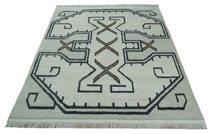 Hand Knotted 8x10 Ivory and Charcoal Wool Traditional Tribal Art Antique South Western Rug |  TRDCP1292810