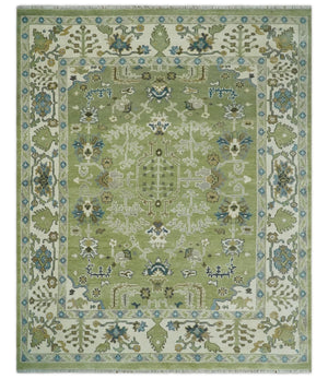 Hand Knotted 8x10 and 10x14 Light Green, Ivory and Silver Traditional Turkish Antique Style Wool Area Rug