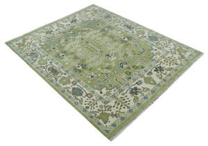 Hand Knotted 8x10 and 10x14 Light Green, Ivory and Silver Traditional Turkish Antique Style Wool Area Rug