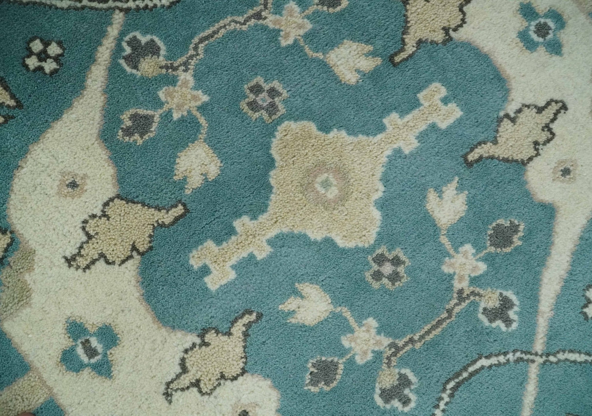 Hand Knotted 8x10 Oriental Oushak Aqua and Beige Wool Area Rug | TRDCP1200810