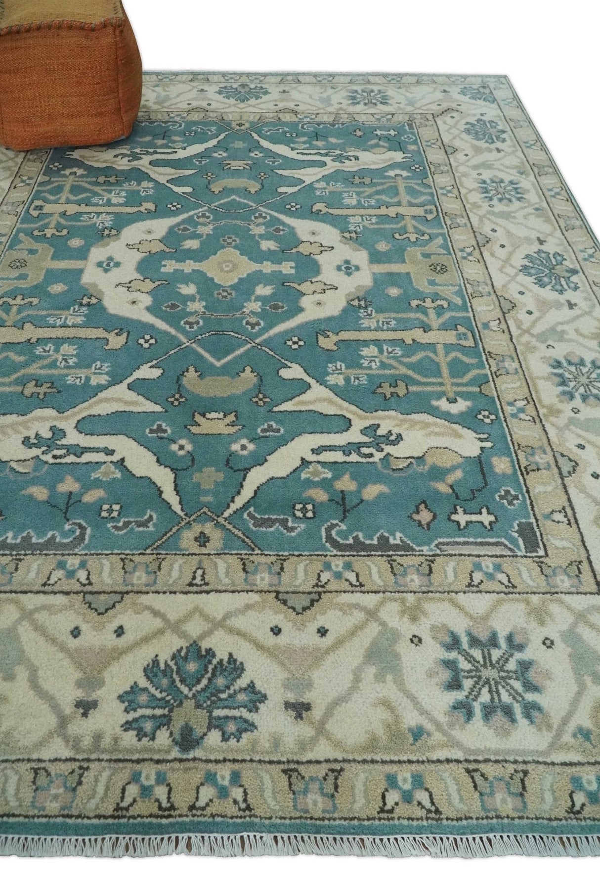 Hand Knotted 8x10 Oriental Oushak Aqua and Beige Wool Area Rug | TRDCP1200810