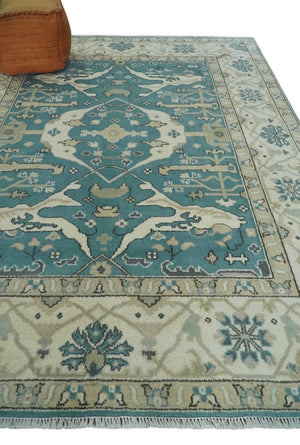 Hand Knotted 8x10 Oriental Oushak Aqua and Beige Wool Area Rug | TRDCP1200810