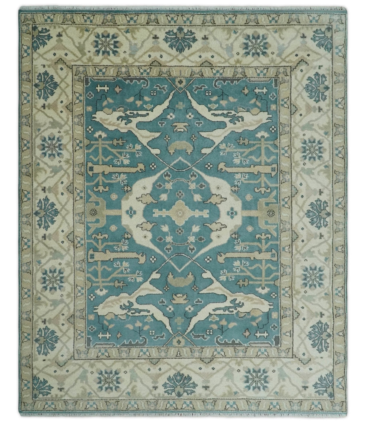 Hand Knotted 8x10 Oriental Oushak Aqua and Beige Wool Area Rug | TRDCP1200810