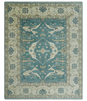 Hand Knotted 8x10 Oriental Oushak Aqua and Beige Wool Area Rug | TRDCP1200810