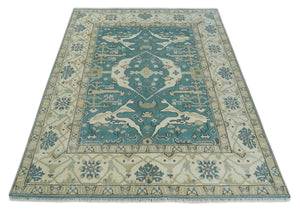 Hand Knotted 8x10 Oriental Oushak Aqua and Beige Wool Area Rug | TRDCP1200810