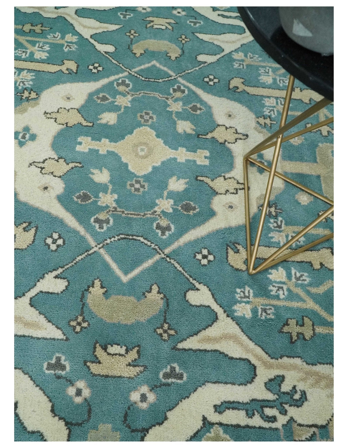 Hand Knotted 8x10 Oriental Oushak Aqua and Beige Wool Area Rug | TRDCP1200810