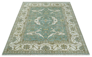 Hand Knotted 8x10 Oriental Oushak Aqua, Ivory and Silver Wool Area Rug | TRDCP1180810