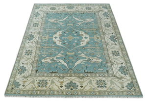 Hand Knotted 8x10 Oriental Oushak Aqua, Ivory and Silver Wool Area Rug | TRDCP1199810