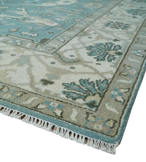Hand Knotted 8x10 Oriental Oushak Aqua, Ivory and Silver Wool Area Rug | TRDCP1199810