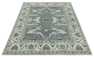 Hand Knotted 8x10 Oriental Oushak Charcoal, Aqua and Beige Wool Area Rug | TRDCP1184810