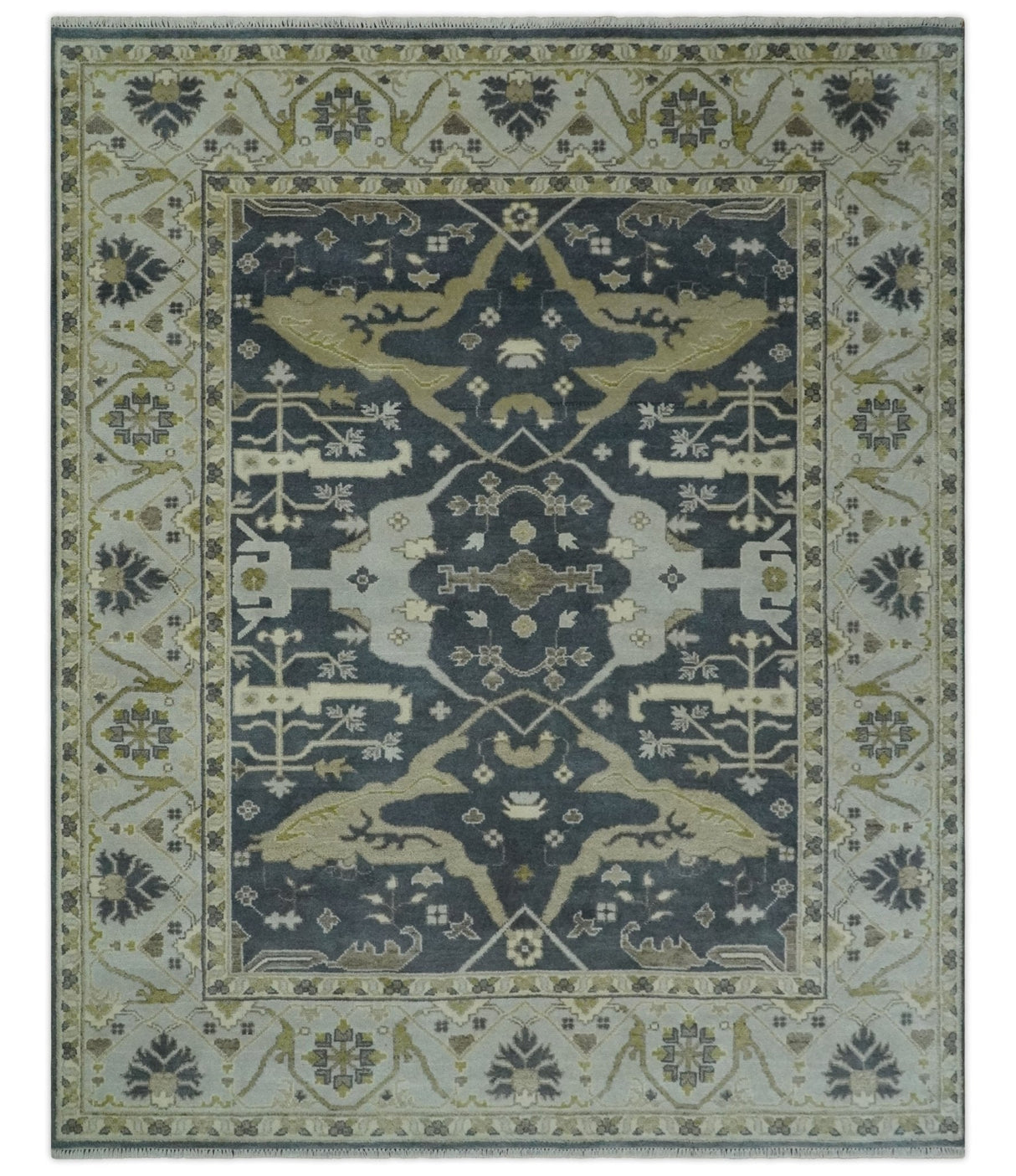 Hand Knotted 8x10 Oriental Oushak Charcoal, Ivory and Beige Wool Area Rug