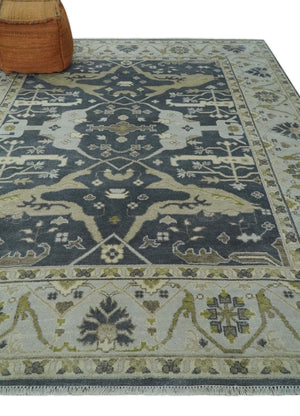 Hand Knotted 8x10 Oriental Oushak Charcoal, Ivory and Beige Wool Area Rug