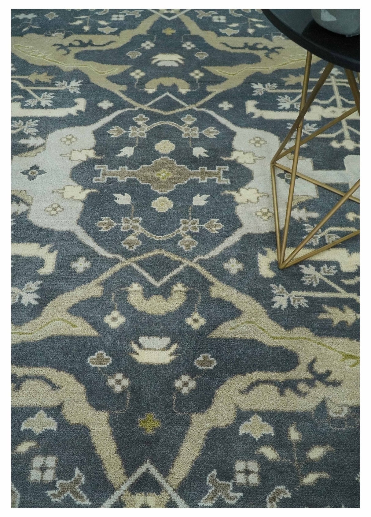 Hand Knotted 8x10 Oriental Oushak Charcoal, Ivory and Beige Wool Area Rug