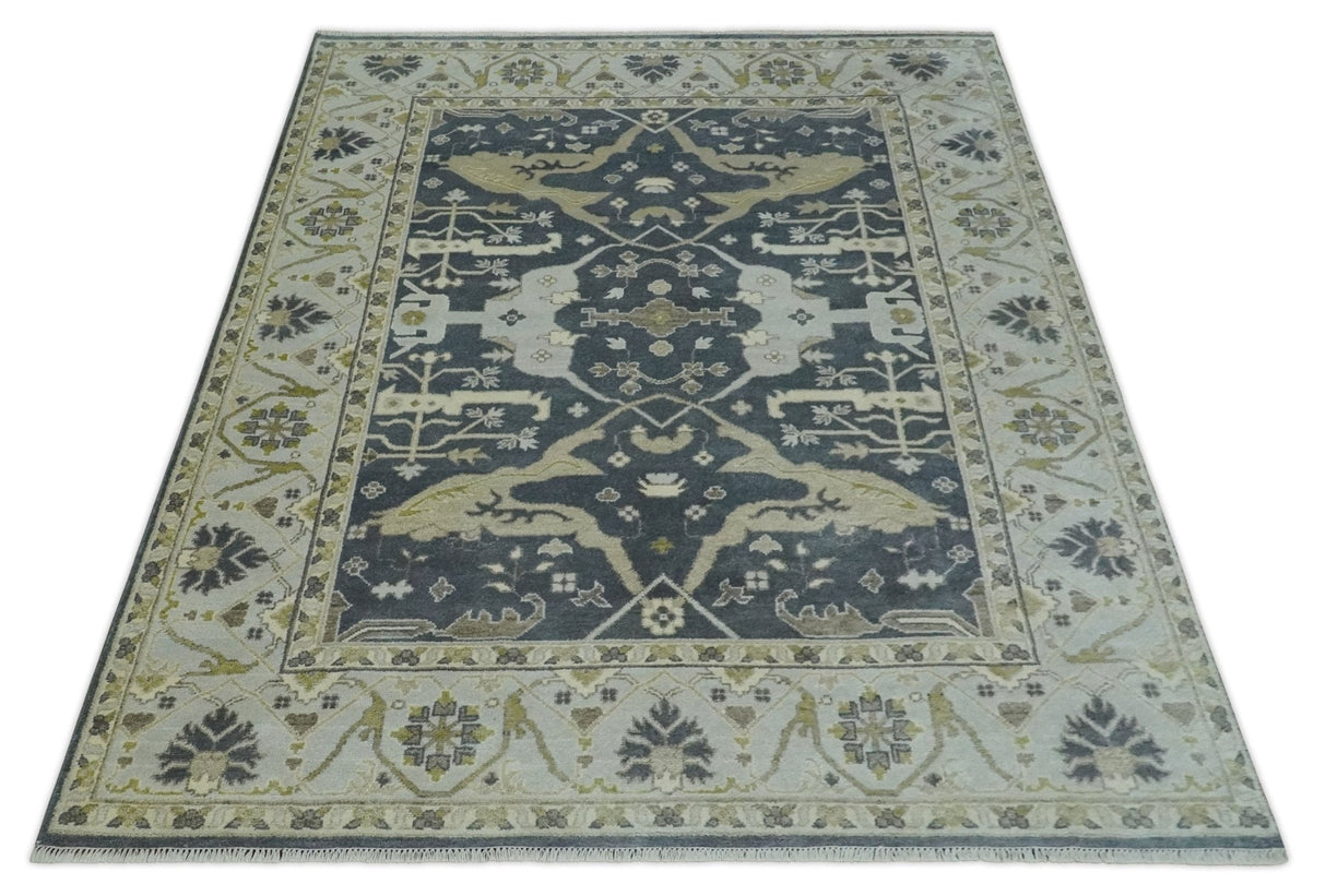Hand Knotted 8x10 Oriental Oushak Charcoal, Ivory and Beige Wool Area Rug
