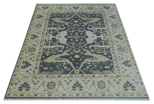 Hand Knotted 8x10 Oriental Oushak Charcoal, Ivory and Beige Wool Area Rug