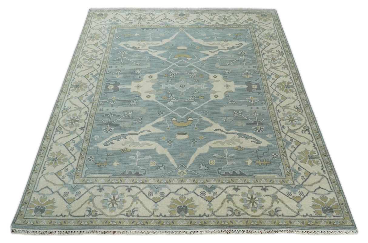 Hand Knotted 8x10 Oriental Oushak Silver, Ivory and Beige Wool Area Rug | TRDCP1195810