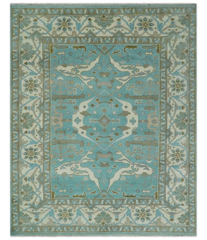 Hand Knotted 8x10 Oushak Aqua, Ivory and Brown Wool Area Rug