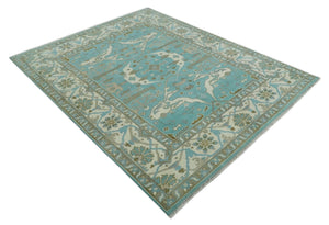 Hand Knotted 8x10 Oushak Aqua, Ivory and Brown Wool Area Rug