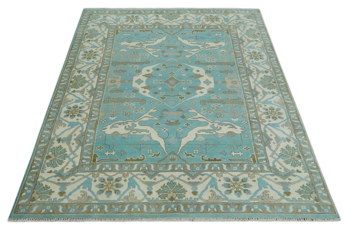Hand Knotted 8x10 Oushak Aqua, Ivory and Brown Wool Area Rug