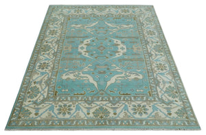 Hand Knotted 8x10 Oushak Aqua, Ivory and Brown Wool Area Rug